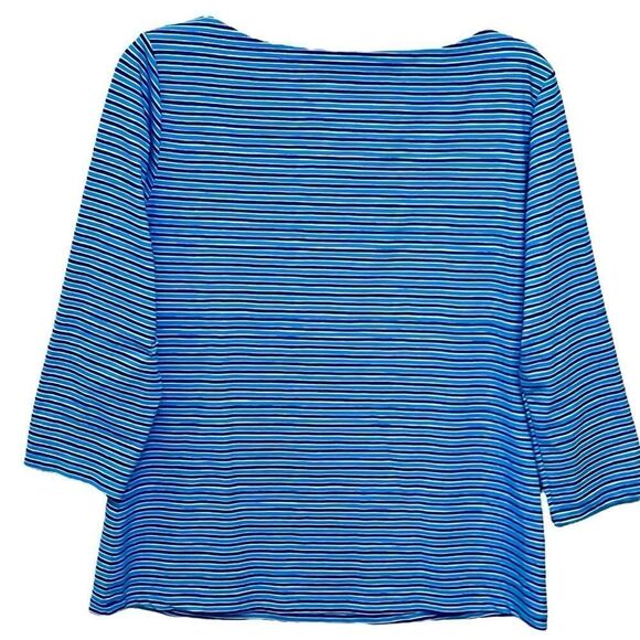 J McLaughlin Top Blue Stripes 3/4 Sleeve 3 Buttons Side/Top Shirt Size L NWOT - Picture 5 of 10